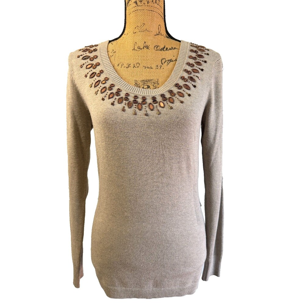 Cache Y2K Womens Gray Beaded Jeweled Embellished Scoop Neck Sweater Sz S